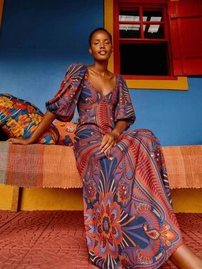 NWT FARM Rio Macaw Arabesque Short Sleeve Red Blue Maxi Dress Size XS